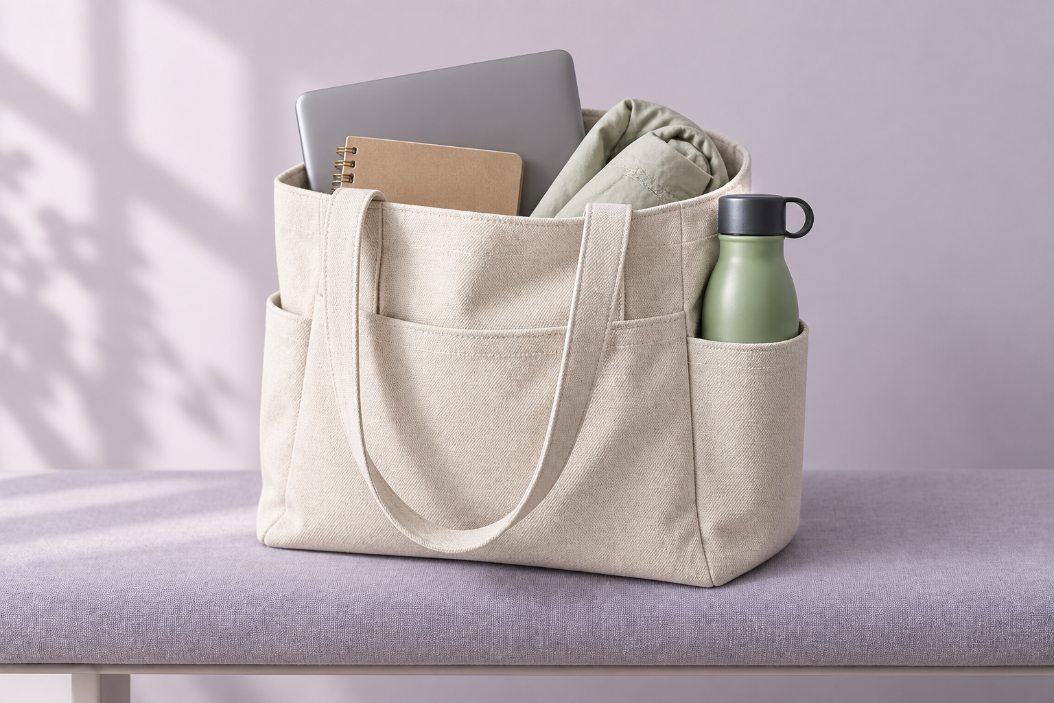 The same bottle in the side pocket of a work bag with everyday essentials